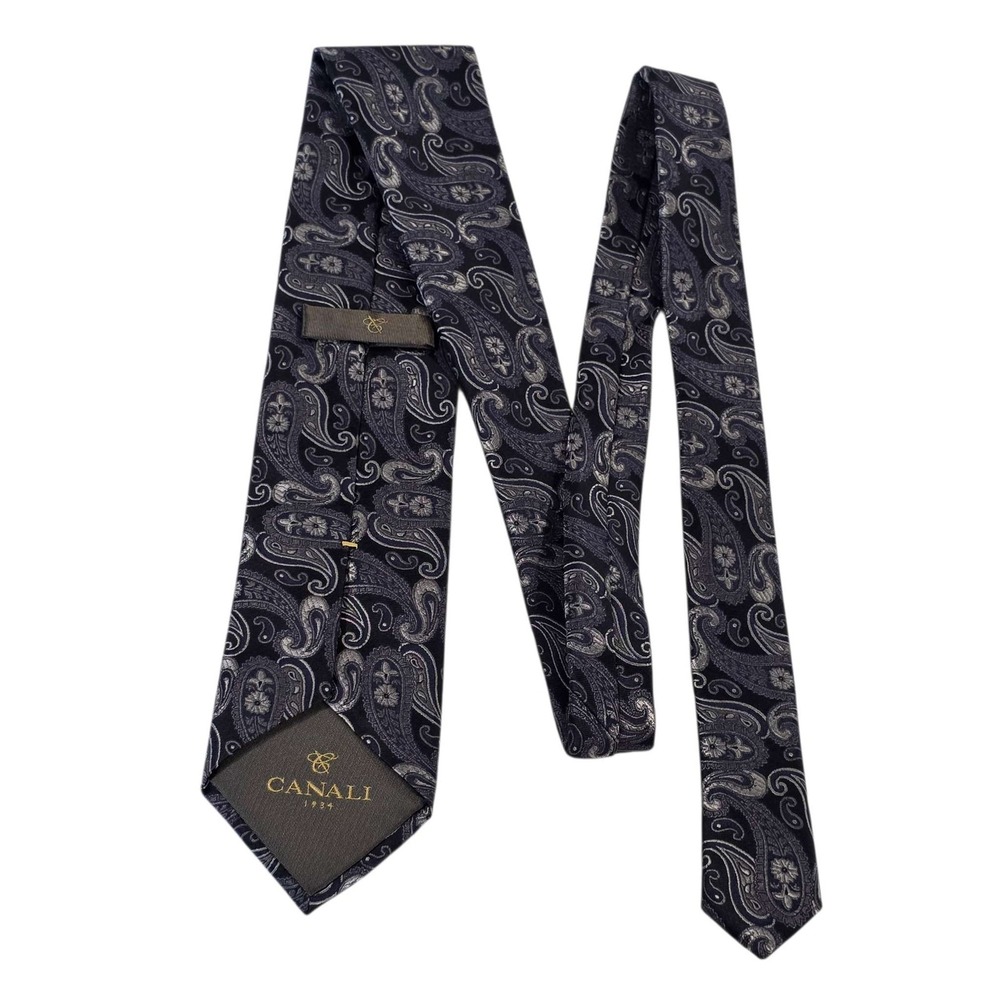CANALI Paisley Silk Tie Black Silver Made in‎ Italy Men's Formal Luxury Power - Picture 6 of 12